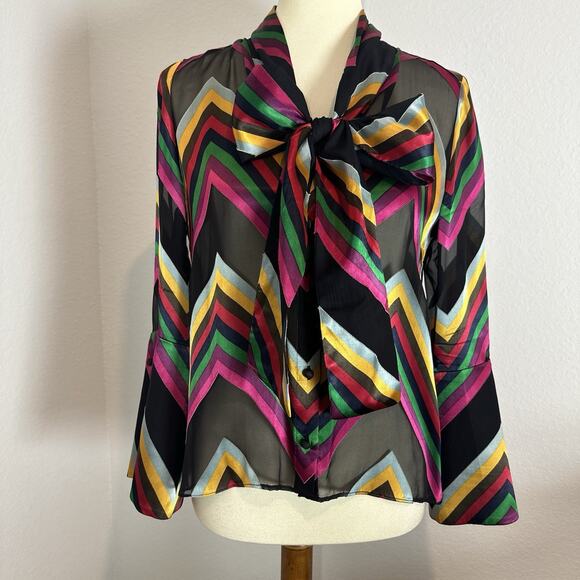 Alice + Olivia Colorful Striped Silk Bowtie Sheer Button Top Sz XS Blouse Preppy - Picture 9 of 12